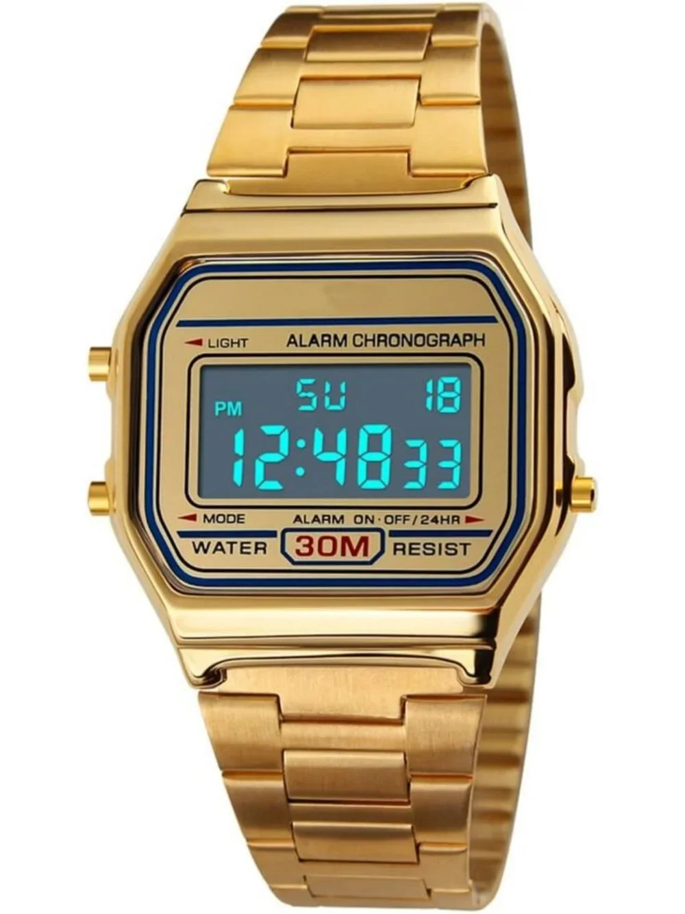 Stylish Men's Digital Gold Stainless Steel Watch - Waterproof, LED Display